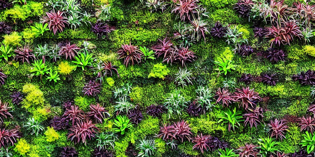 Prompt: a living wall made of new zealand endemic plant species on a suburban street in wellington, new zealand. astelia, metrosideros, griselenia