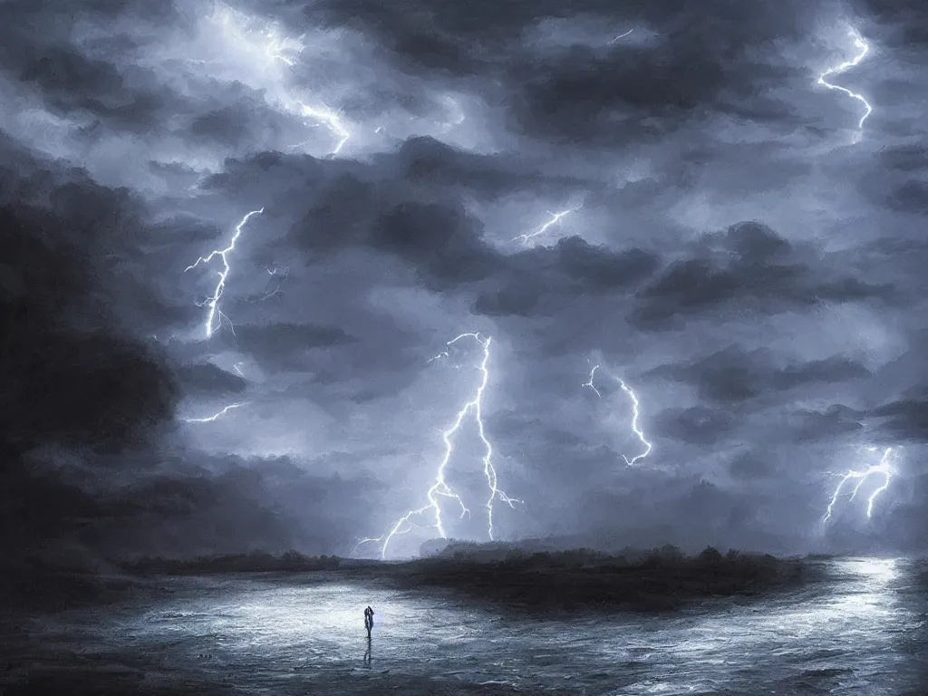 Image similar to a dark storm closes in over a river, lightning and rain, digital painting, fantasy, art by alexandre mahboubi and christophe oliver