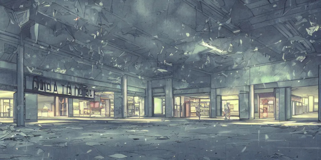 Prompt: abandoned mall at night, subtle wear - and - tear, anime!, award - winning digital art