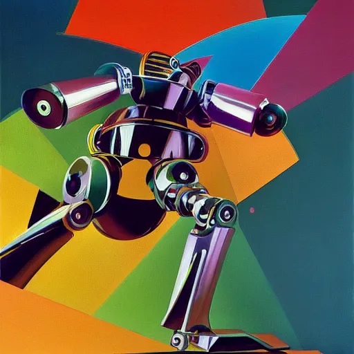 Image similar to a detailed rainbow colored surrealist painting by syd mead of a robot juggling icosahedrons, trending on artstation, masterpiece, incredible details