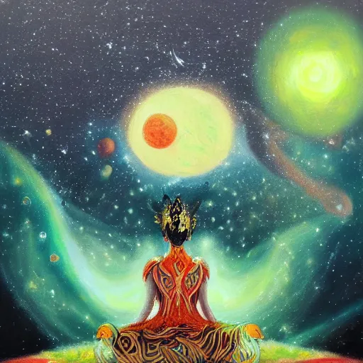 Prompt: A detailed oil painting of a space empress meditating under a tree, detailed artwork