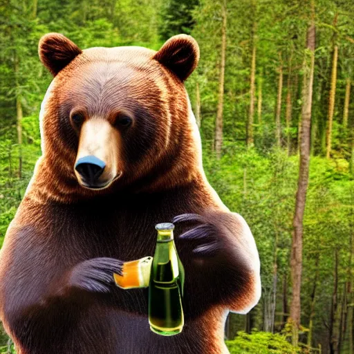 Prompt: a bear who drinks beer , hyper realistic , forest , photography , 4k , real life