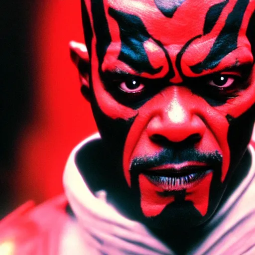 Prompt: a film still of samuel l. jackson starring in a blockbuster film as darth maul from star wars, shallow depth of field, cinematic, award winning cgi, vfx, film still