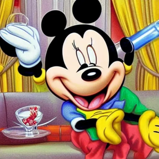 Prompt: mickey mouse holding a glass bong for smoking cannabis and sitting on a couch in a messed up apartment, amazing digital art, highly detailed