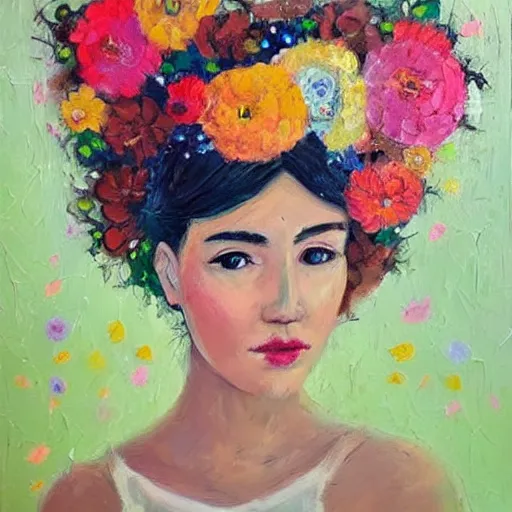 Prompt: portrait of a female with flowers in hair, bokeh, morning light, artist juliette belmonte's profile on artfinder. buy paintings by juliette belmonte and discover thousands of other original paintings, prints, sculptures and photography from independent artists