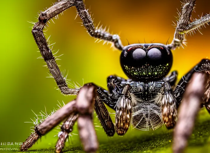 Image similar to super macro of a crystal spider with big eyes sitting on a flower, in the forest. Fantasy magic style. Highly detailed 8k. Intricate. Nikon d850 300mm. Award winning photography.