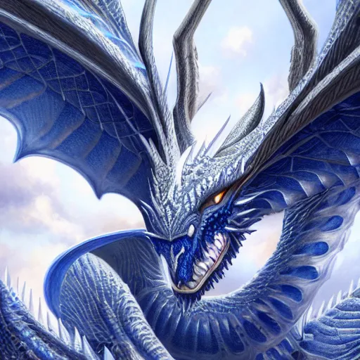 Image similar to a Blue eyed white dragon, epic background by Keith Thompson and Christopher Bretz, highly detailed, digital painting, HDRI, vivid colors, high contrast, 8k resolution, intricate, photorealistic, smooth