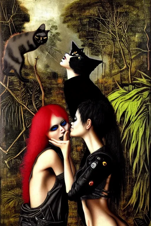 Image similar to punk rock girls kissing and making selfie with black cats in jungle , 1980 style, mad max jacket, post apocalyptic, Cyberpunk, renaissance, Gothic, mystic, highly detailed, 4k, fog, oil painting on canvas by Leonardo Da Vinci, hyper realistic style, fantasy by Olga Fedorova