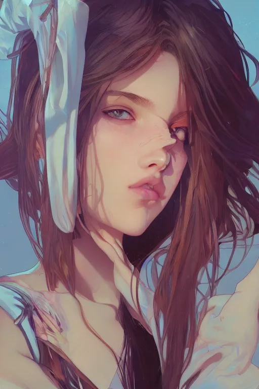 Image similar to portrait of barbara palvin, ambient lighting, 4 k, ilya kuvshinov, rossdraws, alphonse mucha, jung gi kim, artstation