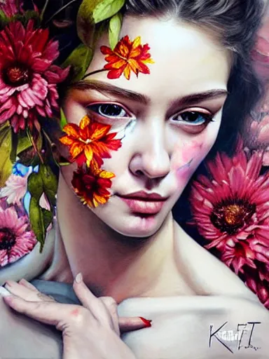 Image similar to portrait of elizabeth bert with a floral background : : painted by artgerm, karol bak, artur bordalo, sandra chevrier : : portrait, character, illustration, hyperrealism, photorealism