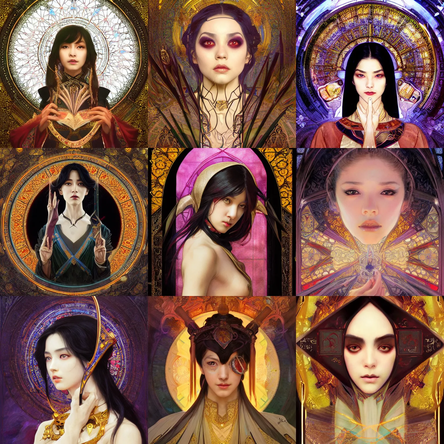 Prompt: masterpiece head-on symmetrical centered painted portrait, Mais Hamdan as a mage, Elden Ring class, black hair, indian, glorious, wearing wizard robes, glowing stained glass backdrop, elegant, in the style of Ruan Jia and Artgerm and Edgar Maxence and Ross Tran and Alphonse Mucha and Ayami Kojima and Charlie Bowater and Greg Rutkowski and Karol Bak and Jean Delville, Art Nouveau, Pre-Raphaelite, Neo-Gothic, gothic, Art Nouveau, rich deep moody colors, 8k, specular highlights, octane render