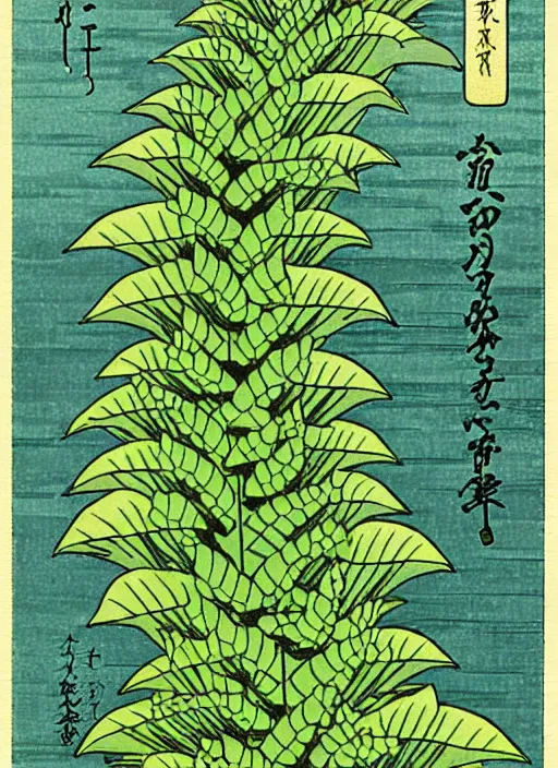 Prompt: fantasy scientific botanical trading card illustration of a green leafy plant that grows like a waterfall ,Ukiyo-e, isometric view, diego rivera