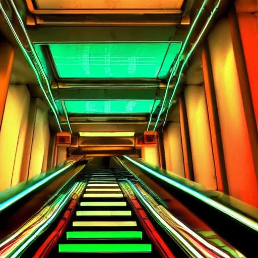 Image similar to cyberpunk escalator, panels, neon, cables