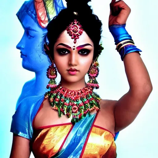 Prompt: blue - skinned indian goddess with six arms, symmetric, aesthetic!!!, cosplay, studio lighting, beautiful symmetric face, clean composition, highly symmetric body parts, gazing eyes
