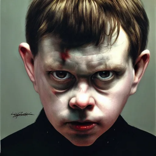 Prompt: high quality high detail painting by gottfried helnwein and lucian freud, hd, portrait of a dangerous psychopath, intense demonic look in the eyes, photorealistic lighting