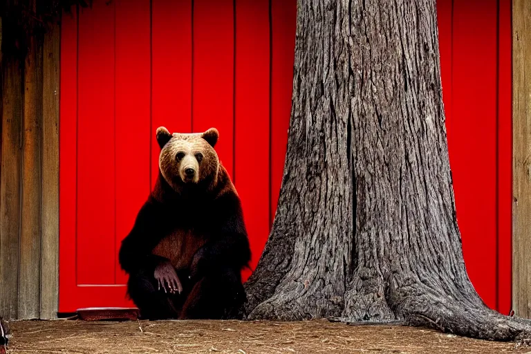 Prompt: grizzly wearing a red shirt sitting outside big sequoia tree with a red door by Roger Deakins