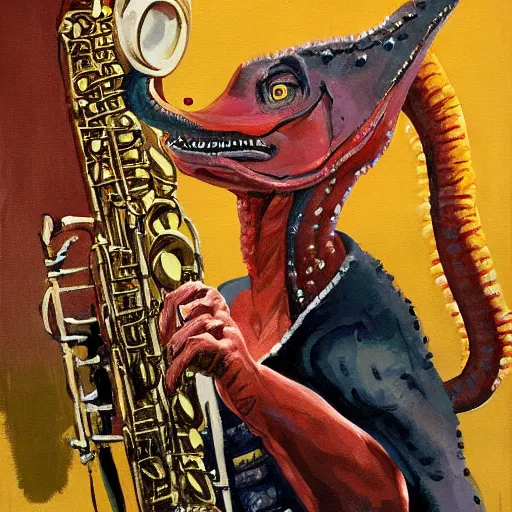 Image similar to tyrannosaurus rex dinosaur playing a saxophone on stage at a jazz club. gouache art painting by James Gurney.