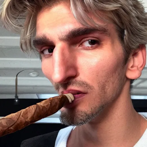 Image similar to a closeup photo of handsome gigachad xqc smoking a cigar