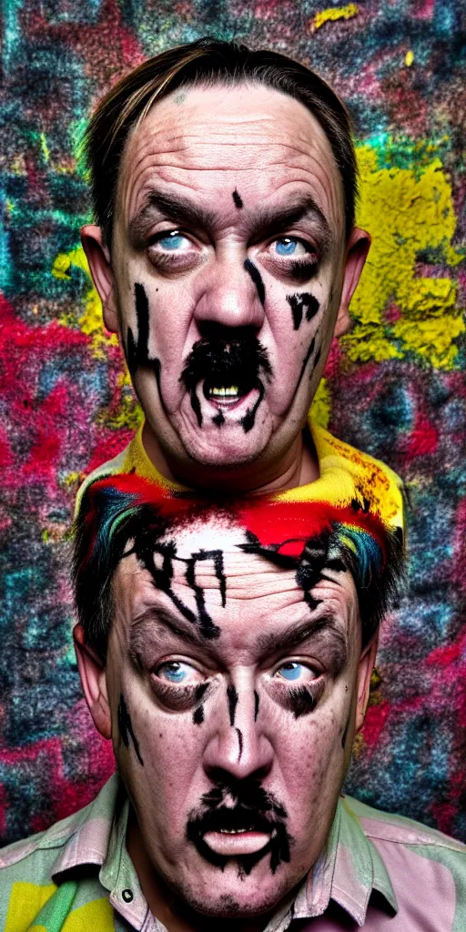 Image similar to award winning photo of mike patton mixed with hitler, vivid colors, happy, symmetrical face, beautiful eyes, studio lighting, wide shot art by roger ballen & francis bacon