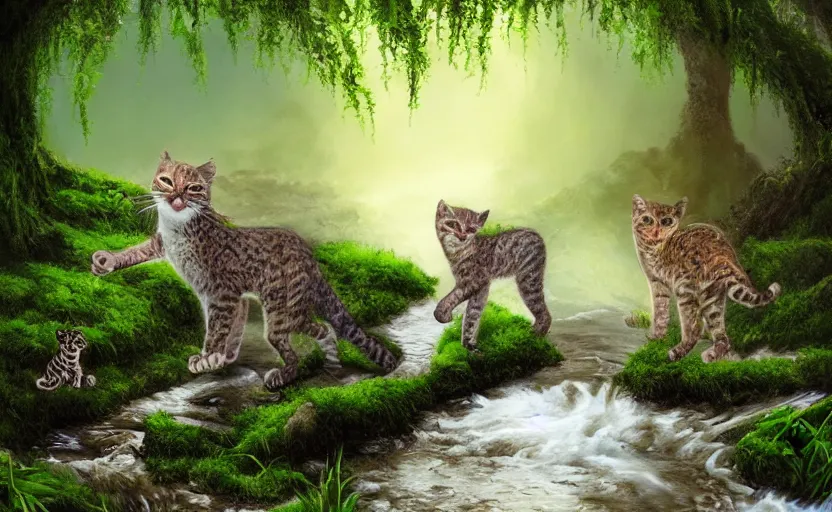 Prompt: wild cats in a clear water stream in a mossy fantastical forest, digital art, trending on artstation