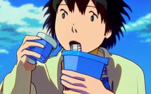 Image similar to yeat drinking lean from a foam cup, art by hayao miyazaki, studio ghibli film, hi res, 4k, high detail