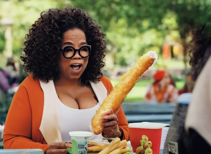 Image similar to film still of Oprah eating a corndog in the new Willow movie, 4k