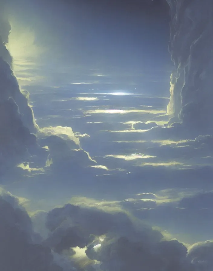 Image similar to Gates of heaven in the clouds by ralph mcquarrie, concept art, ultra realistic, super detailed, photorealistic, cinematographic, epic lighting, religious