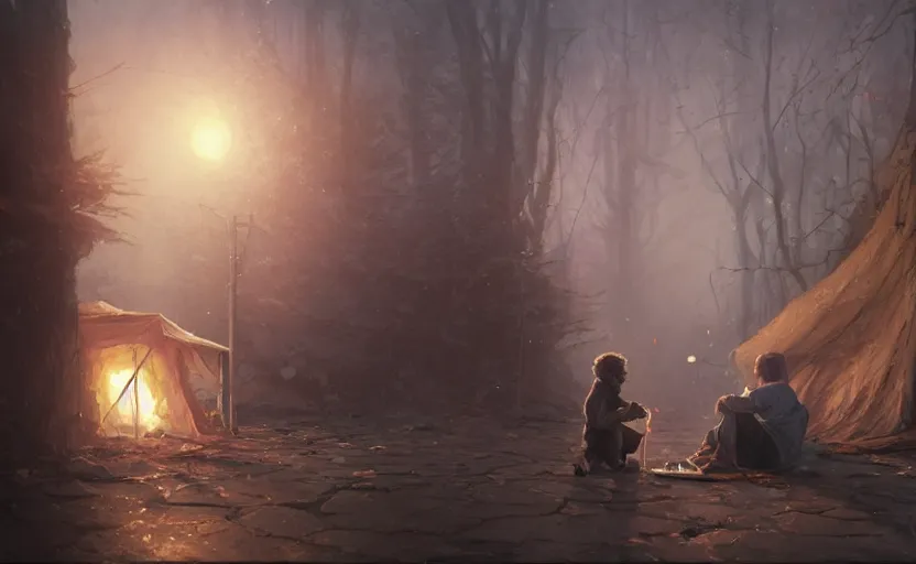 Image similar to highly detailed portrait of joe biden as a homeless, conversing with a child, stephen bliss, unreal engine, fantasy art by greg rutkowski, loish, rhads, ferdinand knab, makoto shinkai and lois van baarle, ilya kuvshinov, rossdraws, tom bagshaw, global illumination, radiant light, detailed and intricate environment