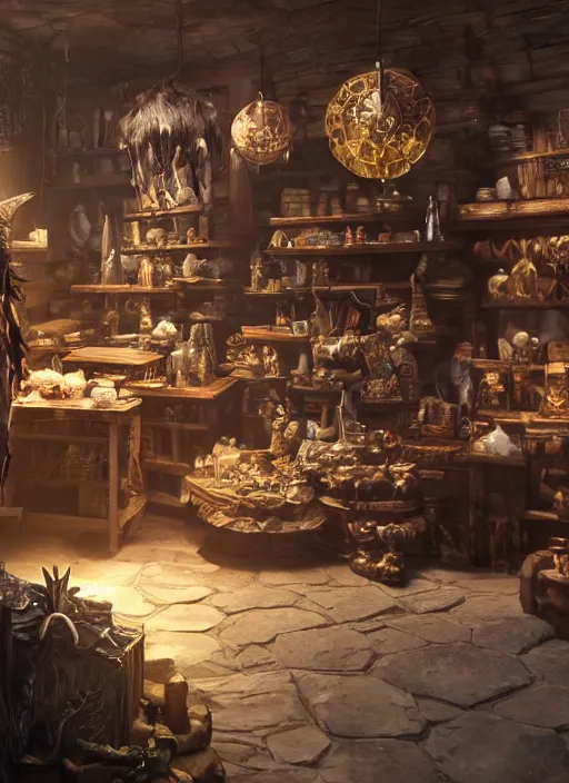 Image similar to merchant in his store selling things, ultra detailed fantasy, elden ring, realistic, dnd, rpg, lotr game design fanart by concept art, behance hd, artstation, deviantart, global illumination radiating a glowing aura global illumination ray tracing hdr render in unreal engine 5