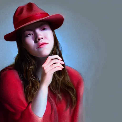 Image similar to a girl wearing a red fedora hat singing in a studio, sitting on a stool, extremely detailed digital painting, in the style of alyssa monks, rim light, beautiful lighting, 8 k, raytracing, octane, trending on artstation