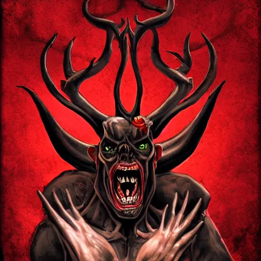 Image similar to the _ devil _ holding _ a _ skull _ red _ horns _ ominous _ fiery _ background _ symmetrical _ detailed _ face _ despair _ highly _ detailed _ high _ resolution _ sandro _ botticel