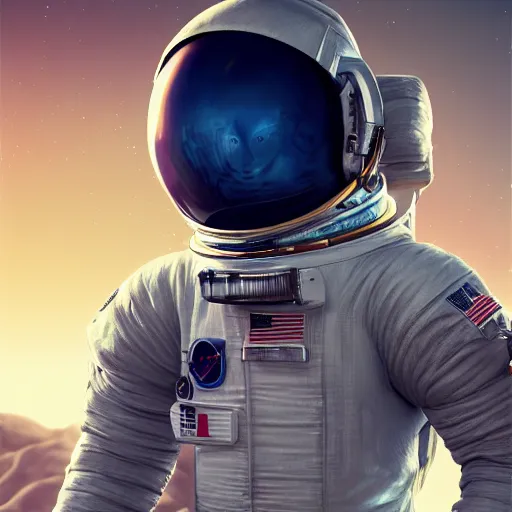 Image similar to beautiful portrait of an astronaut alone on a distant planet with spaceship destroyed, octane render, trending on artstation, hyperrealistic, character photography