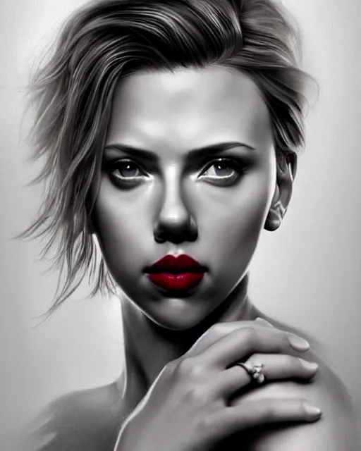 Image similar to full body gorgeous Scarlett Johansson, realistic character concept, arm tattoo sleeves, full body pose, autumn, makeup, shorter neck, illustration, symmetrical eyes and body, cinematic lighting, detailed realistic symmetrical eyes, artgerm, Joshua Middleton, single face, insanely detailed and intricate, beautiful