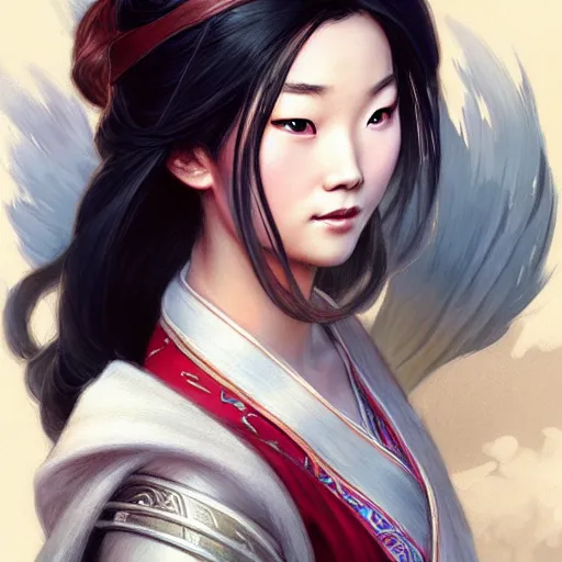 Image similar to Mulan, D&D, fantasy, intricate, elegant, highly detailed, digital painting, artstation, concept art, matte, sharp focus, illustration, art by Artgerm and Greg Rutkowski and Alphonse Mucha