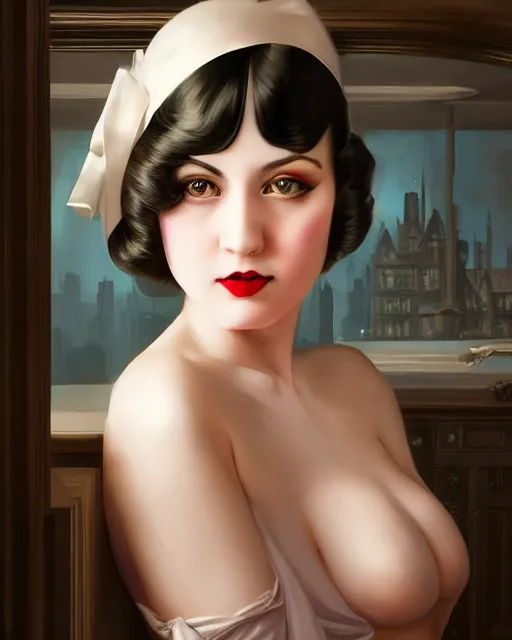 Image similar to artgerm and wlop portrait digital realist painting of a 1 9 2 0 s beautiful woman at a party in a mansion, mansion interior in the background, unreal engine, hyper realism, realistic shading, cinematic composition, realistic render, octane render, detailed textures, photorealistic, ultrawide shot, 3 5 mm film