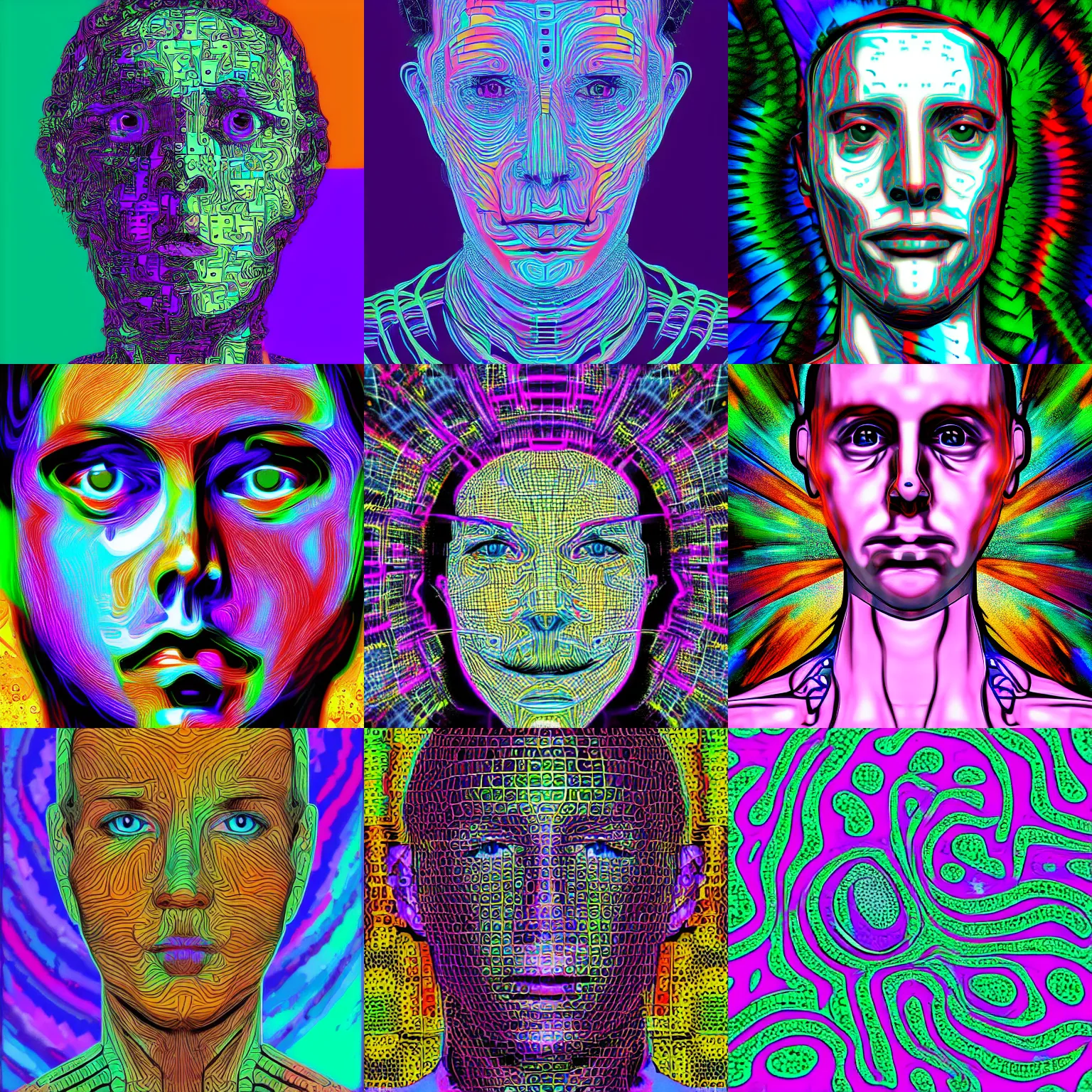 Prompt: Artificial intelligence self-portrait, digital art, psychedelic