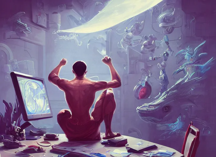 Image similar to an insanely detailed painting of an asian man wearing a homemade superhero costume, sitting at a desk, staring seriously at the computer and typing, in the style of peter mohrbacher, james jean, artgerm, dramatic lighting and composition, surreal background, octane render, pixar, trending on artstation, concept art, comic book, view from behind, 8 k