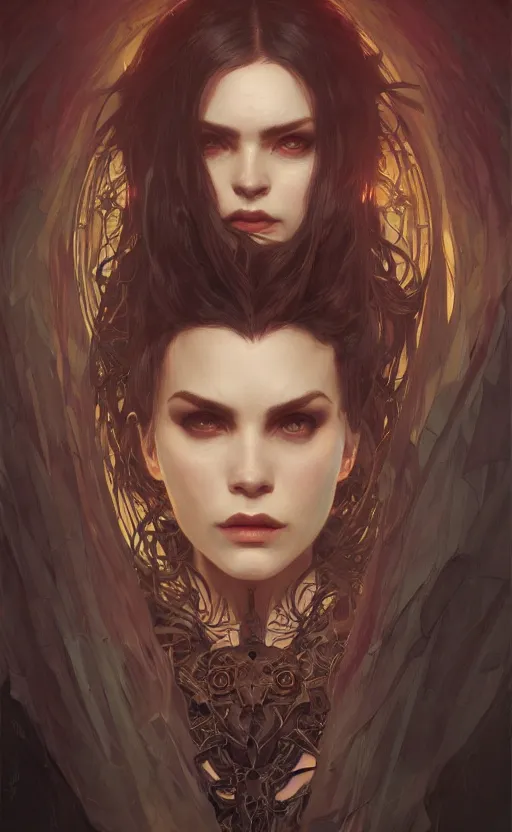 Image similar to portrait of a dark witch, confident, menacing, mysterious, intricate, headshot, highly detailed, digital painting, artstation, concept art, sharp focus, cinematic lighting, illustration, art by artgerm and greg rutkowski, alphonse mucha, cgsociety