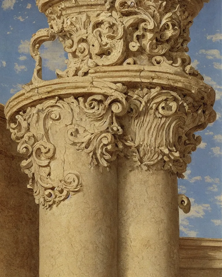 Prompt: achingly beautiful painting of intricate ancient roman corinthian capital on sherbet background by rene magritte, monet, and turner. giovanni battista piranesi.