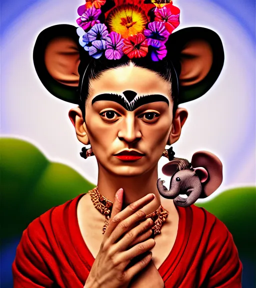 Prompt: an extremely detailed masterpiece of a mouse that has elephant ears and pondering what to do next, inspired by frida kahlo, digital art, cinematic lighting, trending in artstation, 4 k