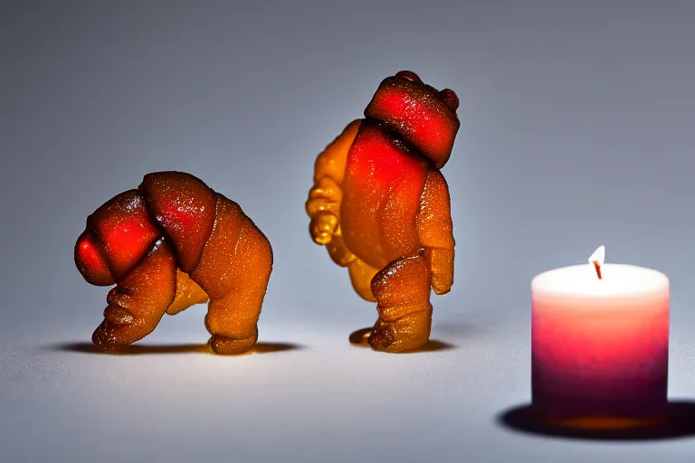 Image similar to one haribo gummy tardigrade, food photography, dramatic lighting, candles