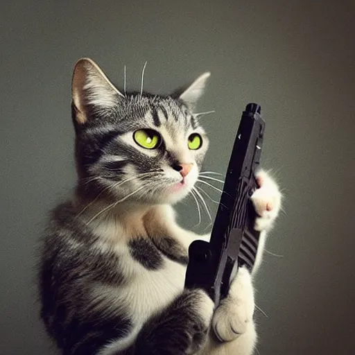 Image similar to “A cat, holding a gun in its paws”