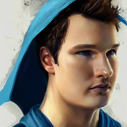 Image similar to portrait of a superhero by greg rutkowski, he looks like ansel elgort, he is wearing a blue and white kevlar gear with a cape, highly detailed portrait, digital painting, artstation, concept art, smooth, sharp foccus ilustration, artstation hq