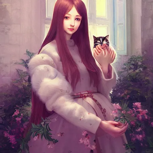 Prompt: portrait of a russian princess in her castle holding a cat in her hand, in the style of ilya kuvshinov and miho hirano, artstation, high quality art, super detail