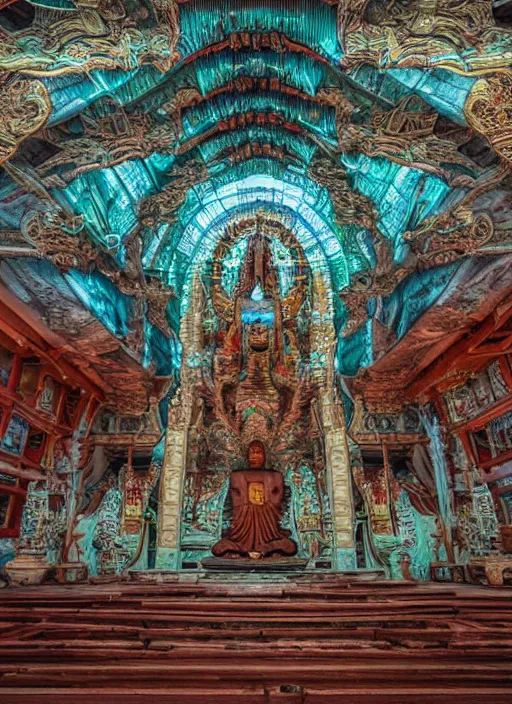 Prompt: breathtakingly beautiful ultrawide angle colour masterpiece weird dream, low angle view from inside a buddhist temple, figure meditating close shot, strange beautiful derelict temple, incredible sense of depth and perspective and clarity, arch, symmetry symmetrical, h. r. giger and alex grey and hiroshi yoshida and moebius and studio ghibli, 8 k