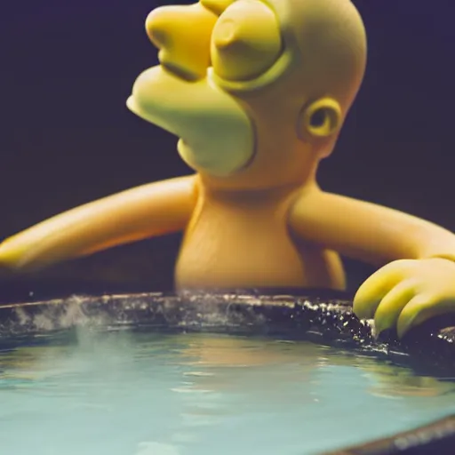 Image similar to photographic portrait by Annie Leibovitz of homer simpson in a hot tub, closeup, foggy, sepia, moody, dream-like, sigma 85mm f/1.4, 15mm, 35mm, 4k, high resolution, 4k, 8k, hd, full color