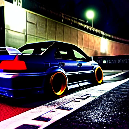 Image similar to a car JZX100 twin turbo drift at illegal car meet, Shibuya prefecture city midnight mist lights cinematic lighting photorealistic highly detailed wheels, high detail