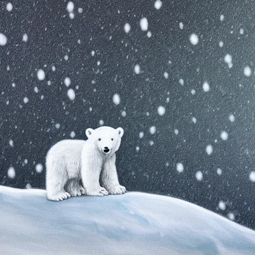 Prompt: cute fluffy white polar bear cub sitting in snowy winter landscape detailed painting 4K