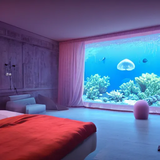 Image similar to the realistic photo of the modern room as aquarium with a chandelier as a big jellyfish, beautiful corals on the walls and sharks in the big panoramic window, a lot of gleans, under the ocean, realistic colors, realistic shadows, daylight made in blender, hd, 3 d by beeple and by greg rutkowski