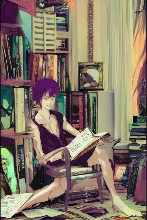 Prompt: goth guy sitting on the floor of a cluttered 9 0 s bedroom reading a book by rolf armstrong, vaporwave colors, lo - fi, concept art, smooth, detailed, toon shading, cel shading, animation, 4 k, hd,